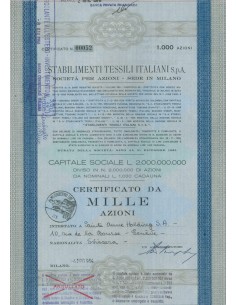 STABILIMENTI TESSILI ITALIANI SPA - 1000 AZIONI MILANO 1964
