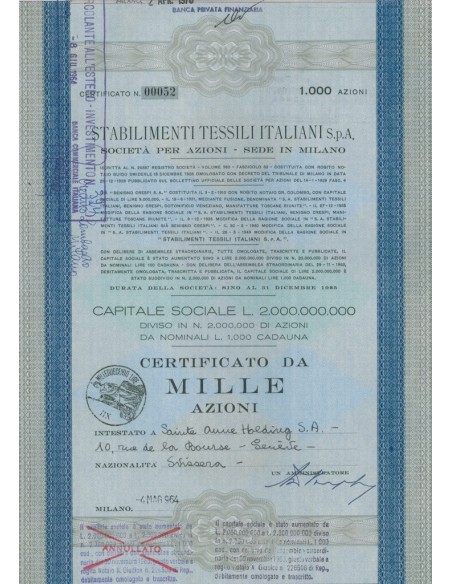 STABILIMENTI TESSILI ITALIANI SPA - 1000 AZIONI MILANO 1964