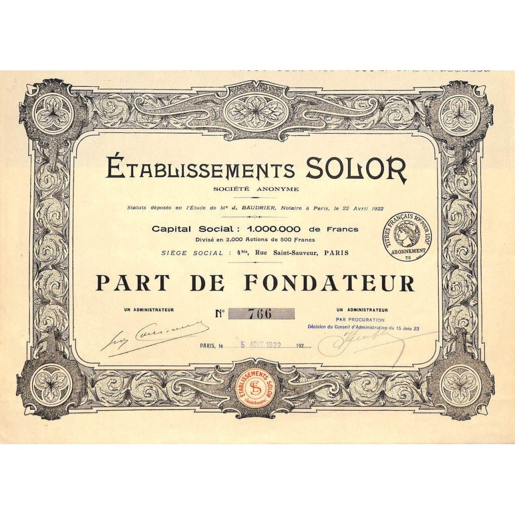 1922 - ETABLISSEMENTS SOLOR