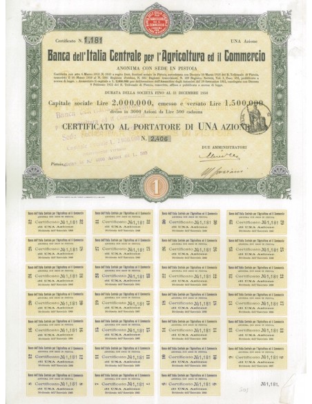 BANCA DELL'ITALIA CENTRALE PER L'AGRICOLTURA ED IL COMMERCIO 1 AZIONE PISTOIA
