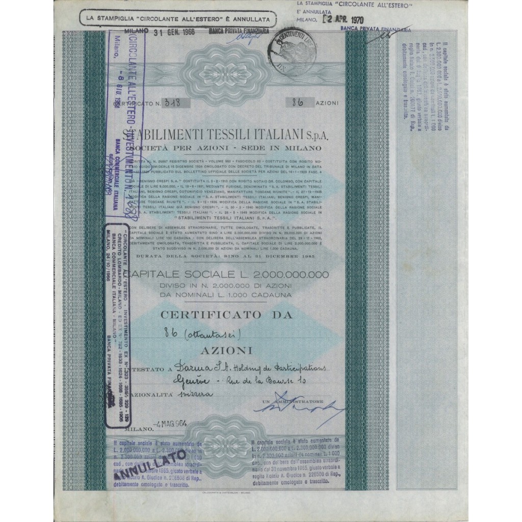 STABILIMENTI TESSILI ITALIANI SPA - 86 AZIONI MILANO 1964