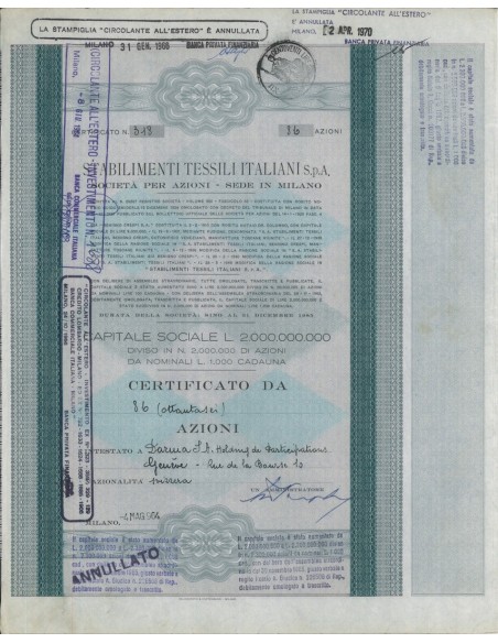 STABILIMENTI TESSILI ITALIANI SPA - 86 AZIONI MILANO 1964