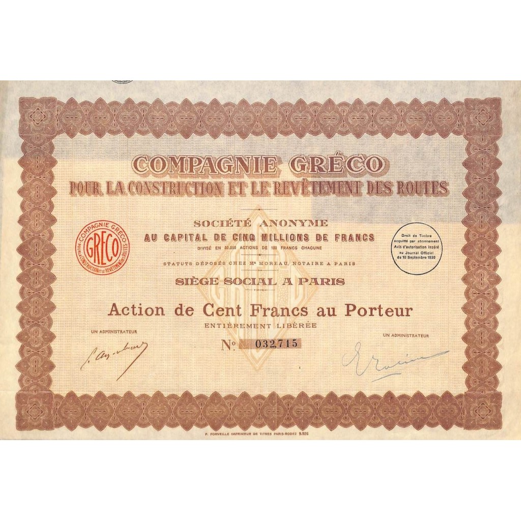 1930 - COMPAGNIE GRÉCO POUR LA CONTR. ET LE...