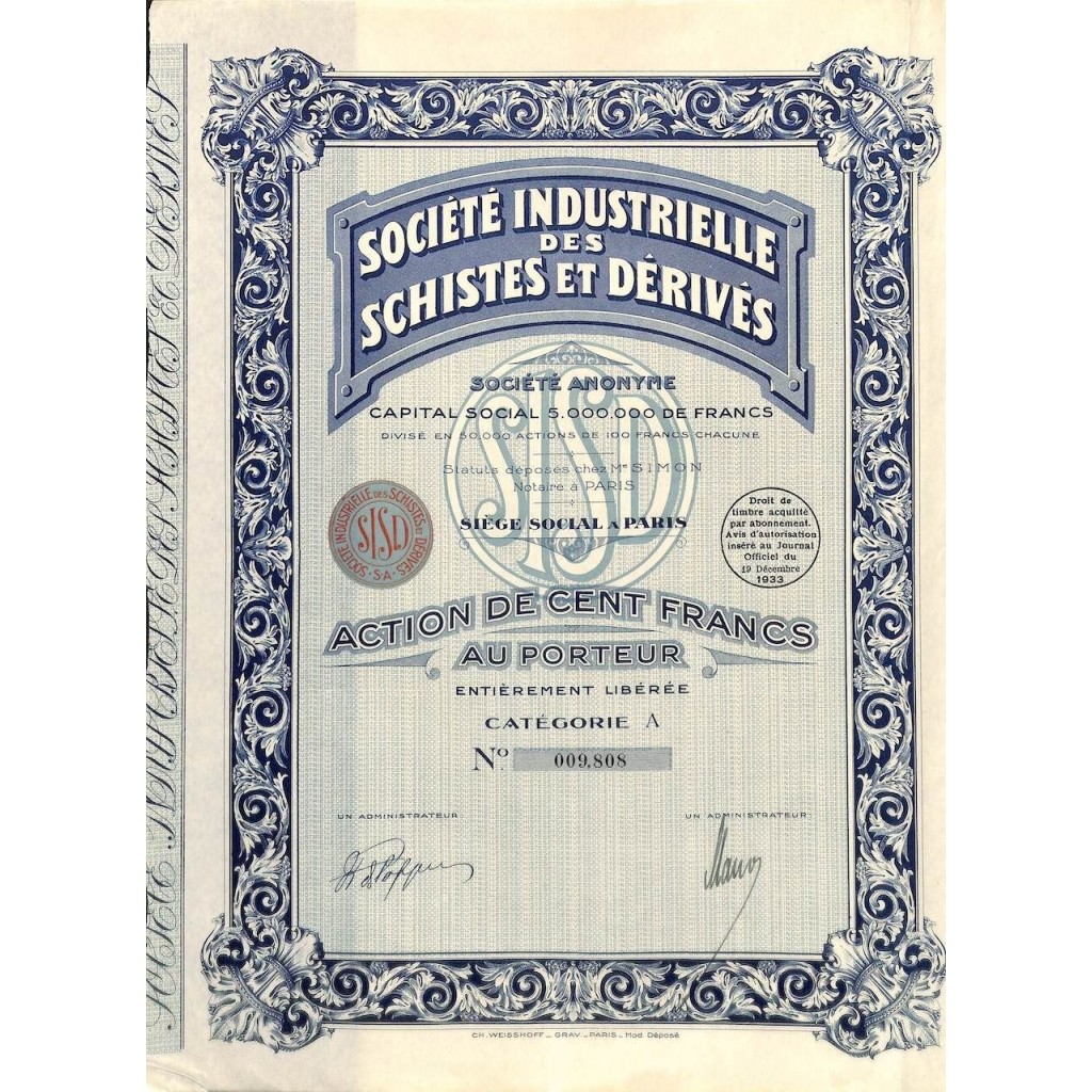 1933 - INDUSTRIELLE DES SCHISTES ET DÉRIVÉS SOC.