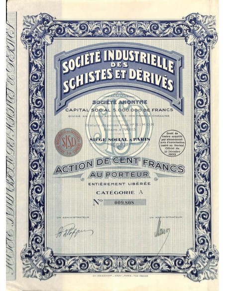 1933 - INDUSTRIELLE DES SCHISTES ET DÉRIVÉS SOC.