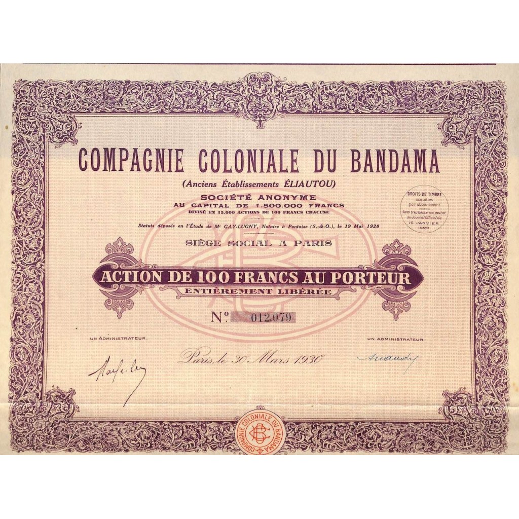 1930 - COMPAGNIE COLONIALE DU BANDAMA