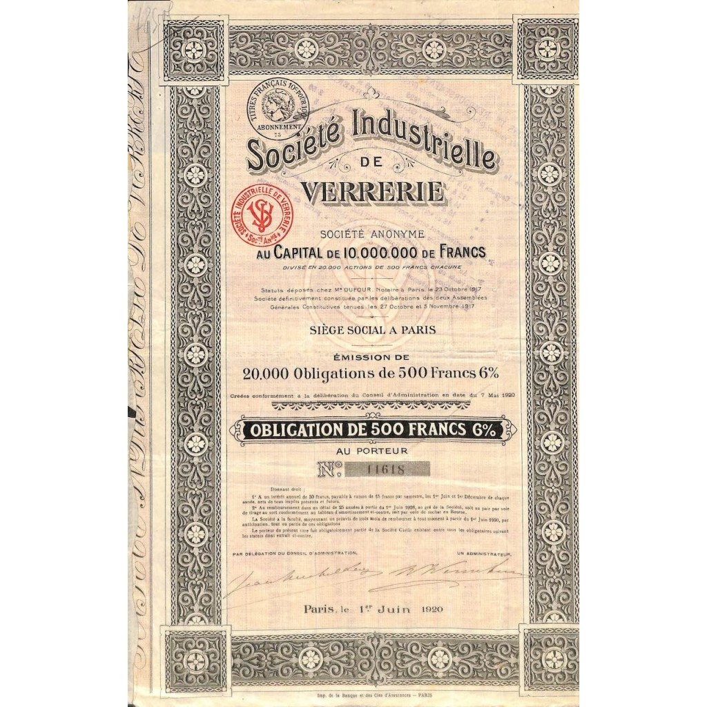 1920 - INDUSTRIELLE DE VERRERIE SOC.