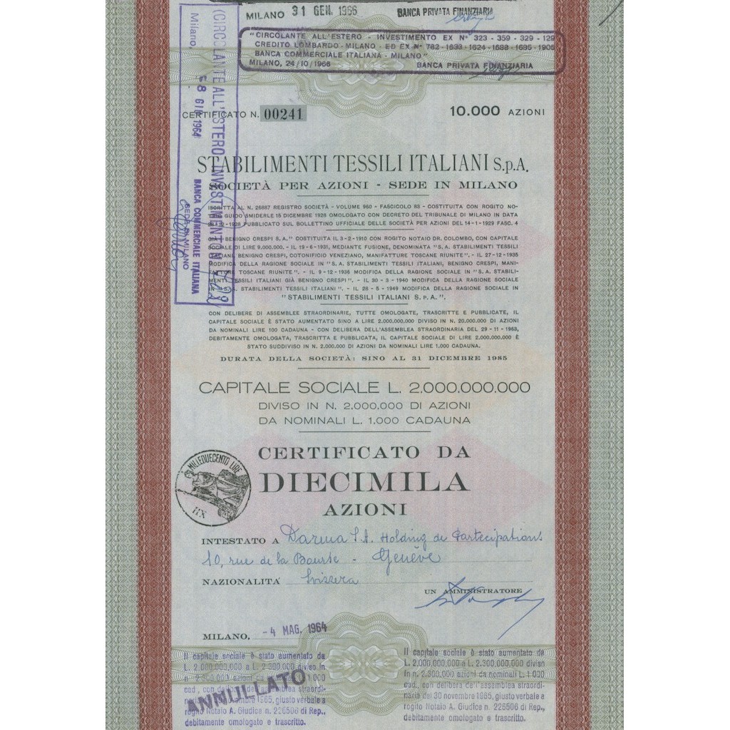 STABILIMENTI TESSILI ITALIANI SPA - 10000 AZIONI MILANO 1964