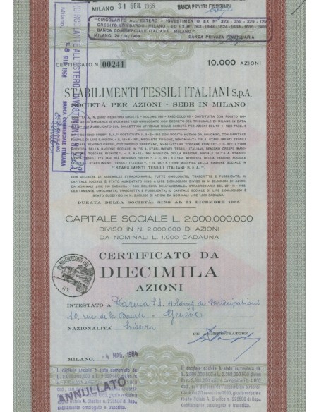 STABILIMENTI TESSILI ITALIANI SPA - 10000 AZIONI MILANO 1964