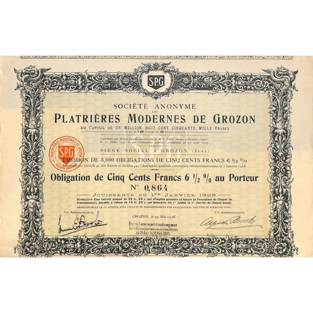 1928 - PLATRIERES MODERNES DE GROZON
