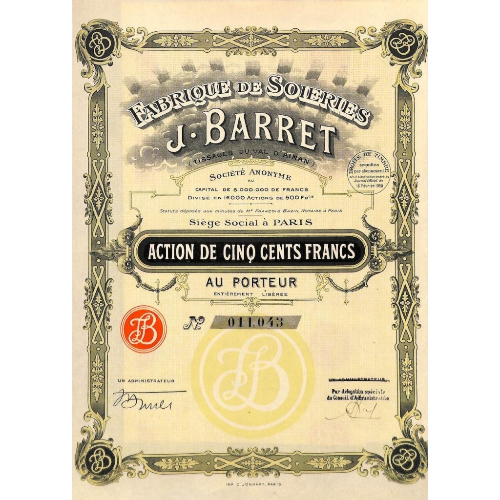 1929 - FABRIQUE DE SOIERIES J. BARRET