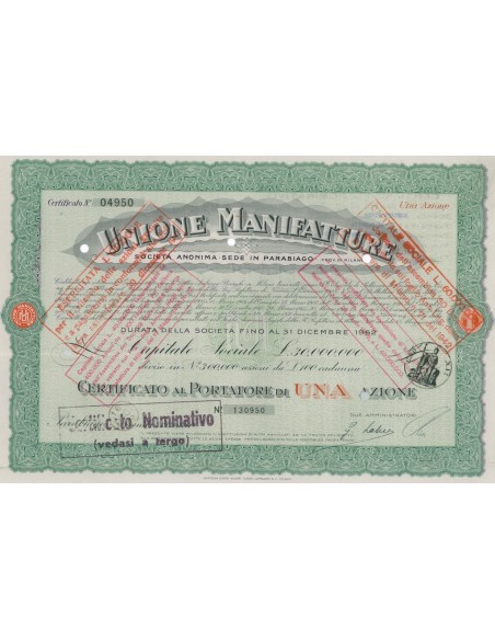 UNIONE MANIFATTURE SOC. ANONIMA - 1 AZIONE PARABIAGO 1931