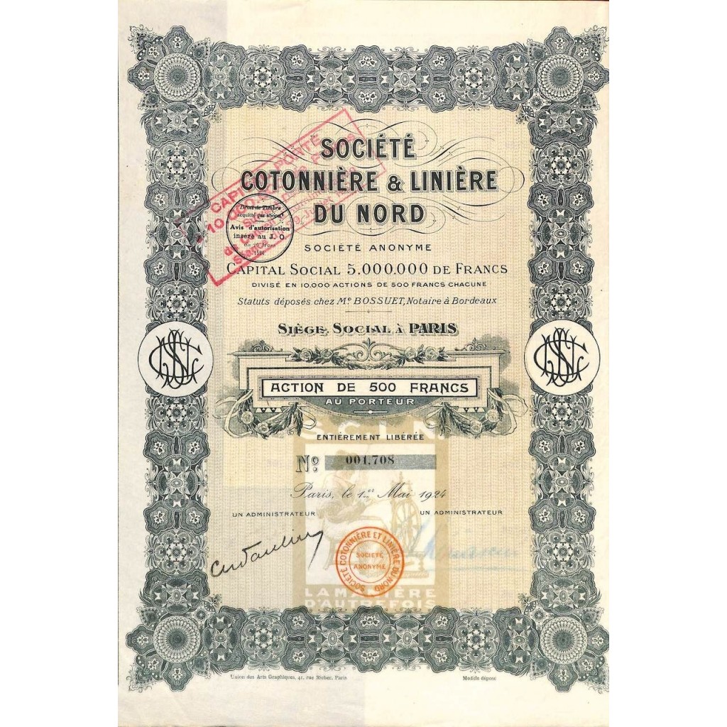 1924 - COTONNIERE ET LINIERE DU NORD SOC.
