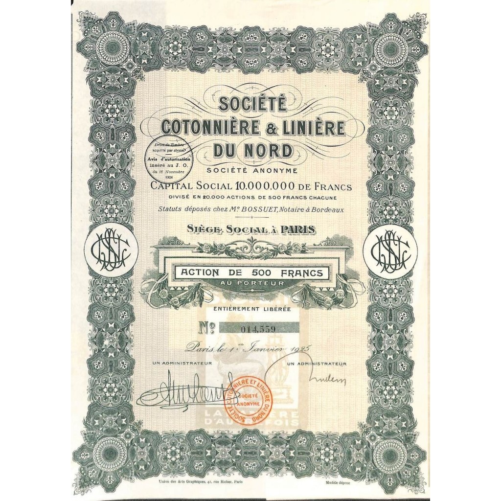 1925 - COTONNIERE ET LINIERE DU NORD SOC. (CAP. SOC. 10.000.000 DI FR.)
