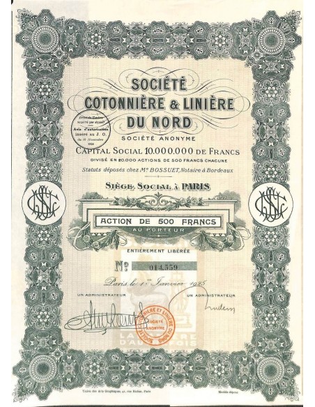 1925 - COTONNIERE ET LINIERE DU NORD SOC. (CAP. SOC. 10.000.000 DI FR.)