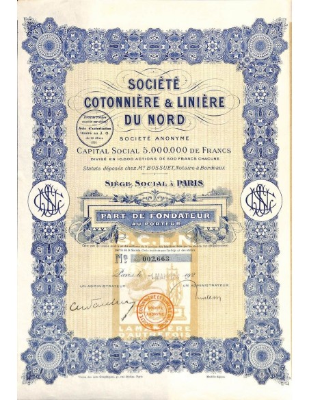 1924 - COTONNIERE ET LINIERE DU NORD SOC. (CAP. SOC. 5.000.000 DI FR.)