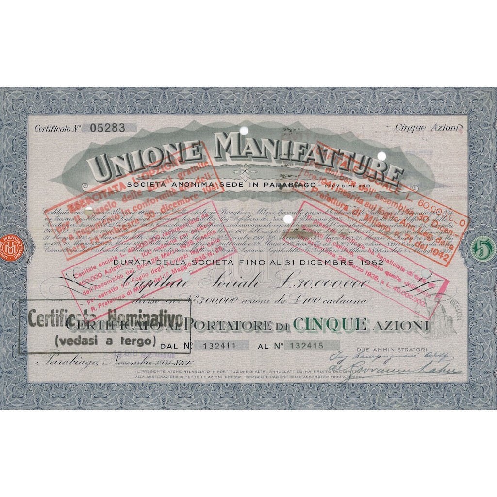 UNIONE MANIFATTURE SOC. ANONIMA - 5 AZIONI PARABIAGO 1931