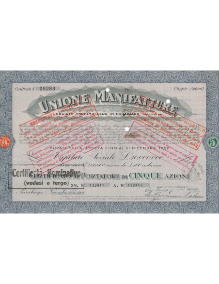 UNIONE MANIFATTURE SOC. ANONIMA - 5 AZIONI PARABIAGO 1931