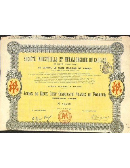 1911 - INDUSTRIELLE ET METALLURGIQUE DU CAUCASE SOC. (CAP. SOC. 6.000.000 DI FR.)