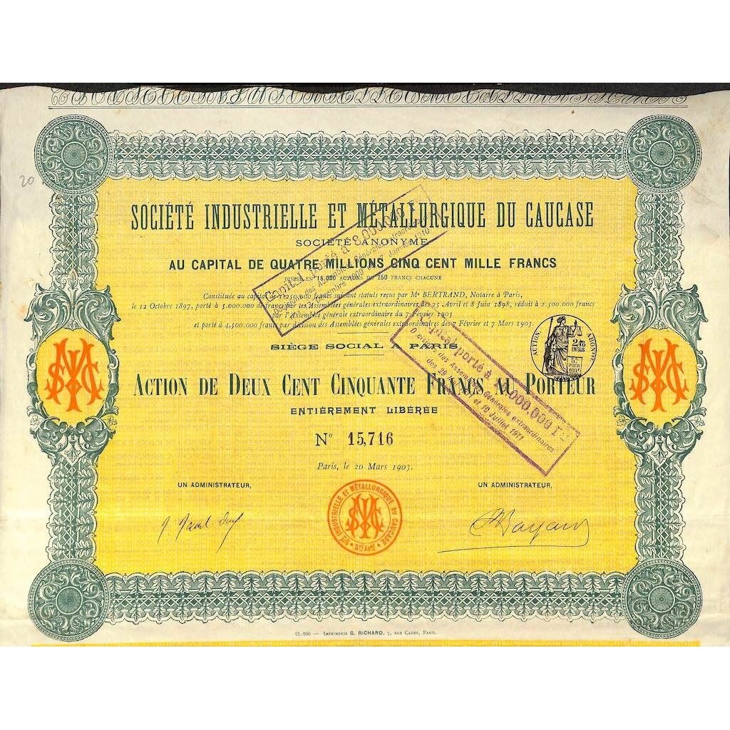 1903 - INDUSTRIELLE ET METALLURGIQUE DU CAUCASE SOC. (CAP. SOC. 4.500.000 DI FR.)