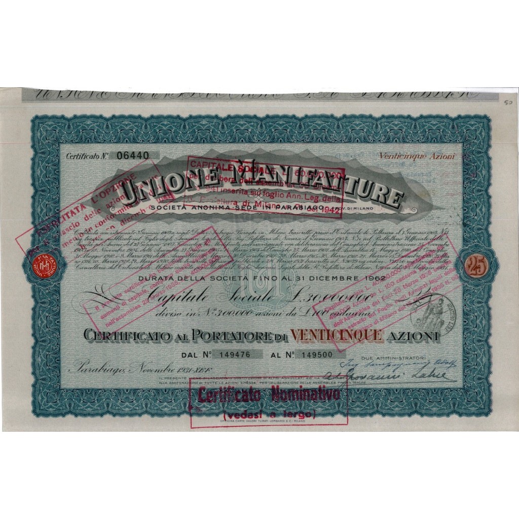 UNIONE MANIFATTURE SOC. ANONIMA - 25 AZIONI PARABIAGO 1936