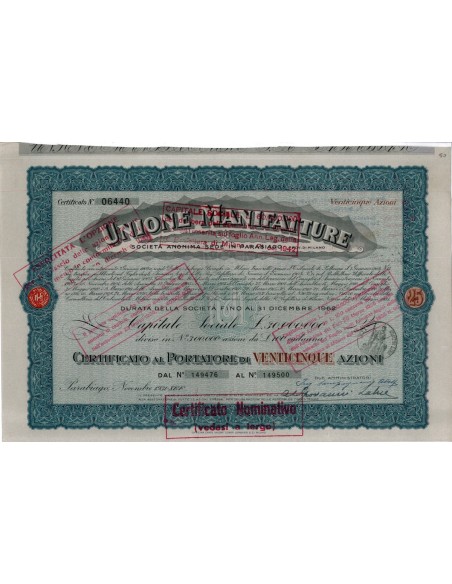 UNIONE MANIFATTURE SOC. ANONIMA - 25 AZIONI PARABIAGO 1936