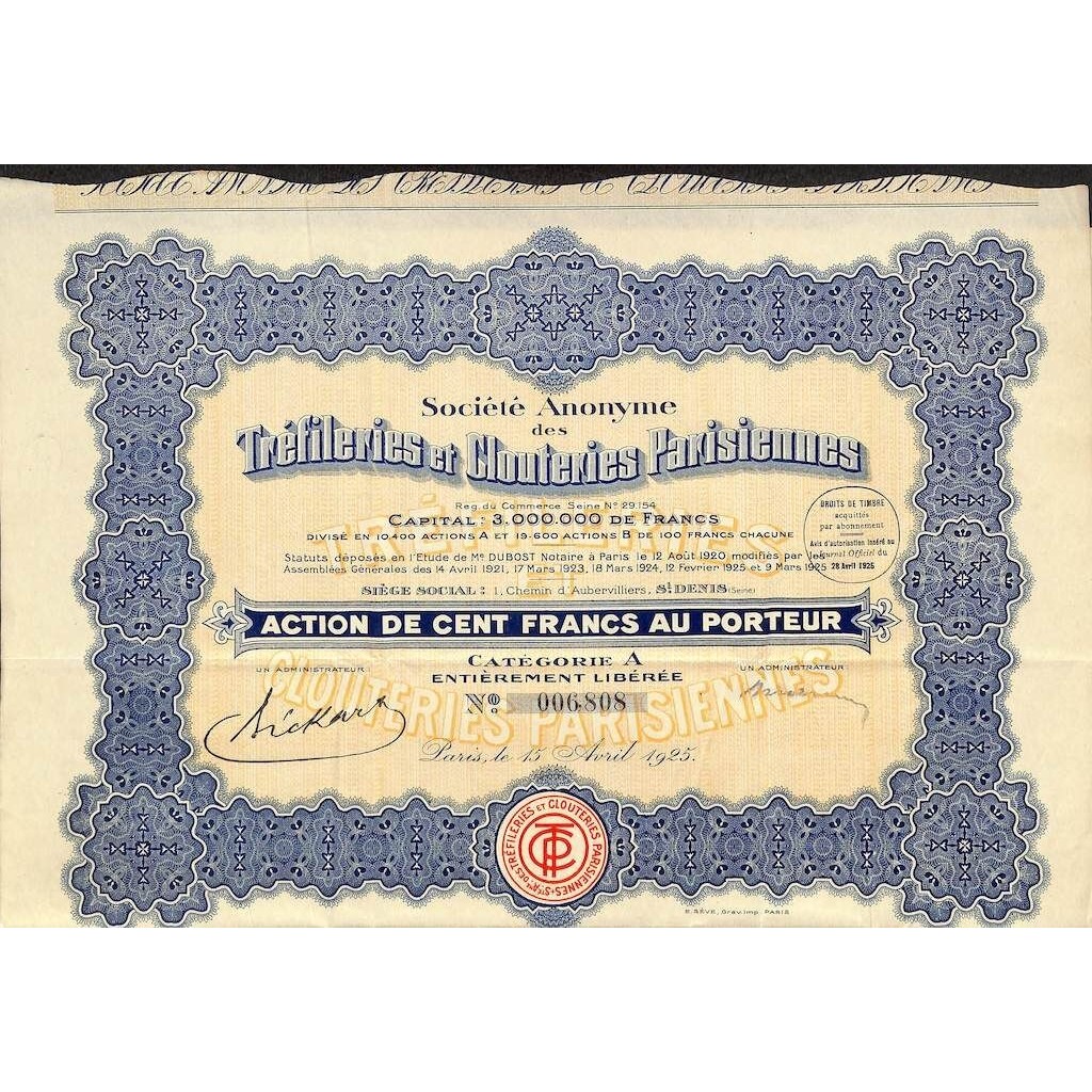 1925 - TREFILERIES ET CLOUTERIES PARISIENNES