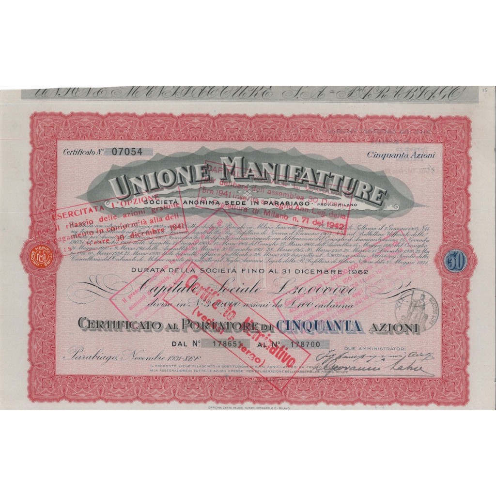 UNIONE MANIFATTURE SOC. ANONIMA - 50 AZIONI PARABIAGO 1931