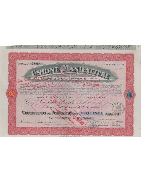 UNIONE MANIFATTURE SOC. ANONIMA - 50 AZIONI PARABIAGO 1931