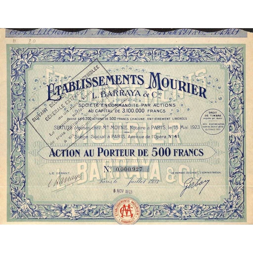 1923 - ETABLISSEMENTS MOURIER - L. BARRAYA E C. (CAP. SOC. 6.000.000 DI FR.)