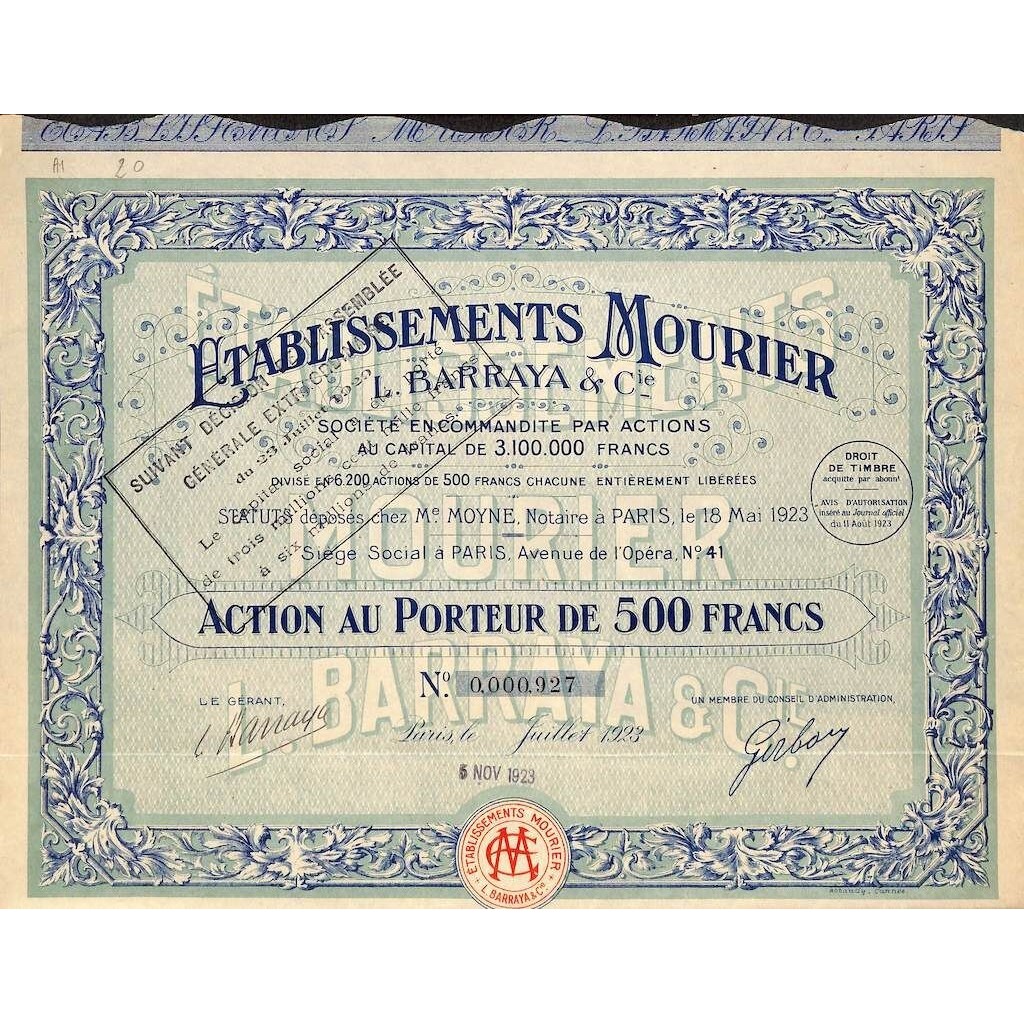 1923 - ETABLISSEMENTS MOURIER - L. BARRAYA E C.