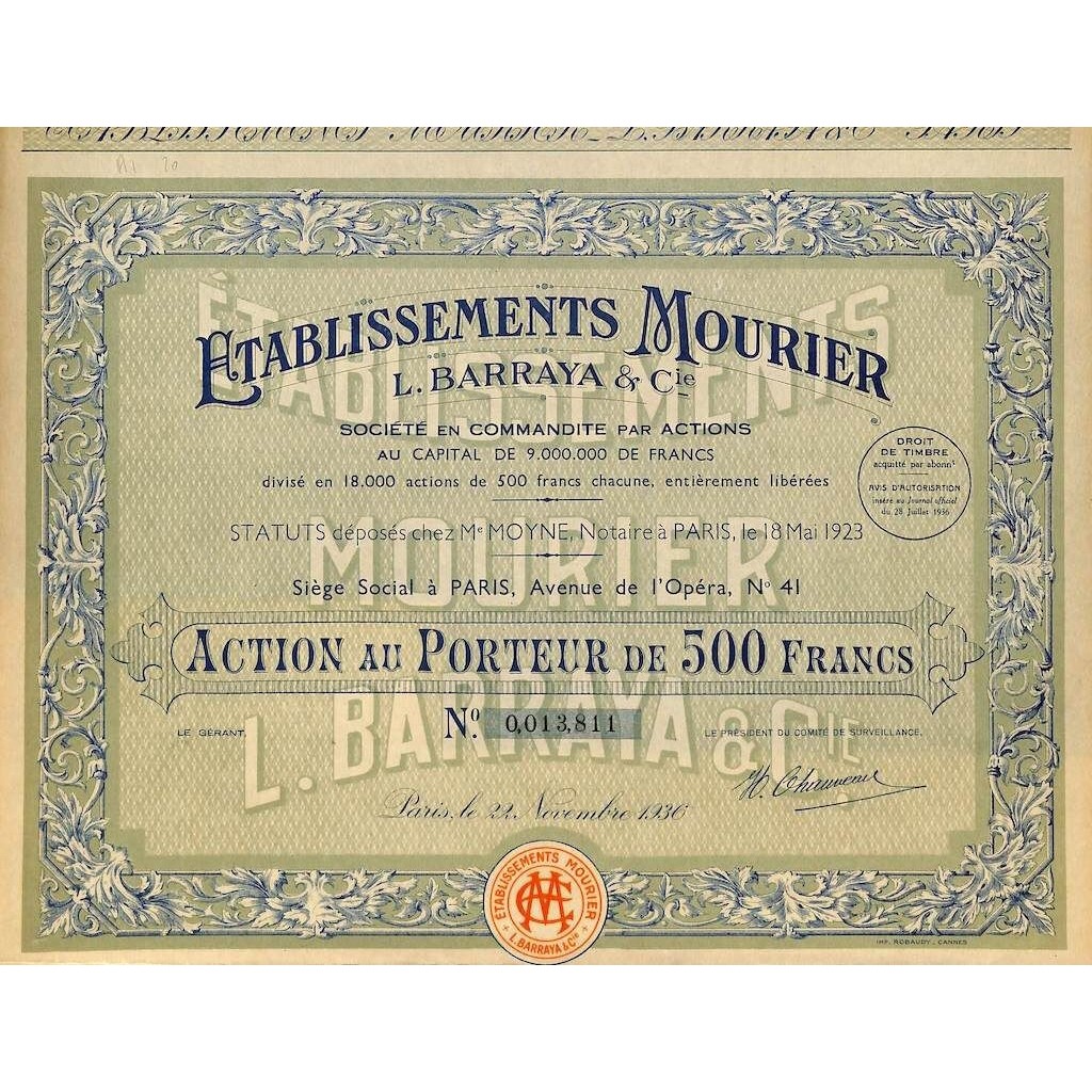 1936 - ETABLISSEMENTS MOURIER - L. BARRAYA E C. (CAP. SOC. 9.000.000 DI FR.)