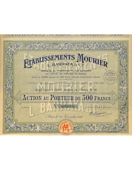 1936 - ETABLISSEMENTS MOURIER - L. BARRAYA E C. (CAP. SOC. 9.000.000 DI FR.)