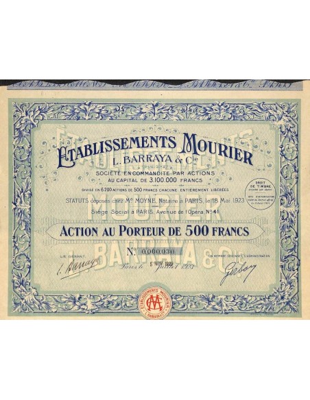 1923 - ETABLISSEMENTS MOURIER - L. BARRAYA E C. (CAP. SOC. 3.100.000 FR.)