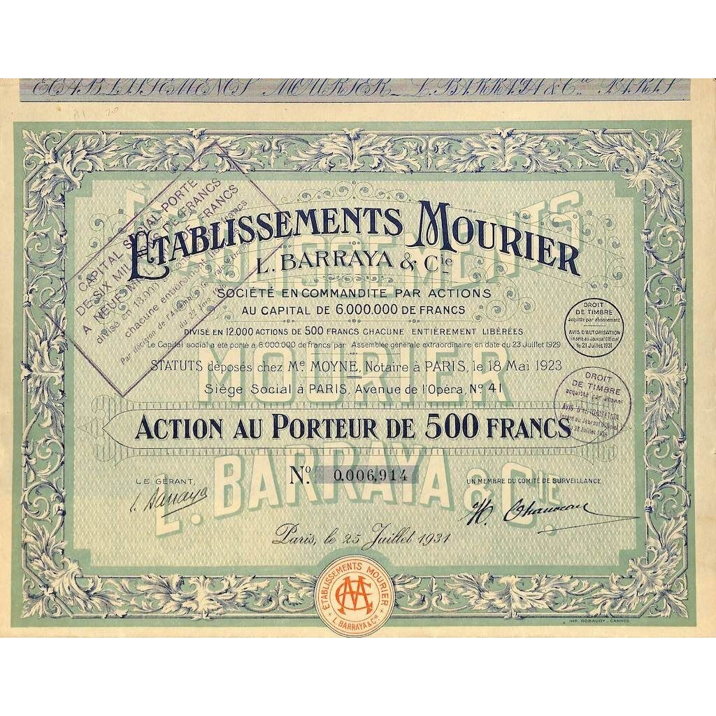 1931 - ETABLISSEMENTS MOURIER - L. BARRAYA E C. (CAP. SOC. 9.000.000 DI FR.)