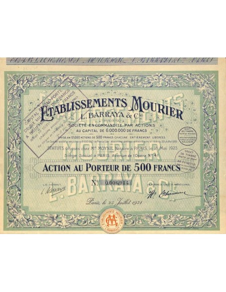 1931 - ETABLISSEMENTS MOURIER - L. BARRAYA E C. (CAP. SOC. 9.000.000 DI FR.)