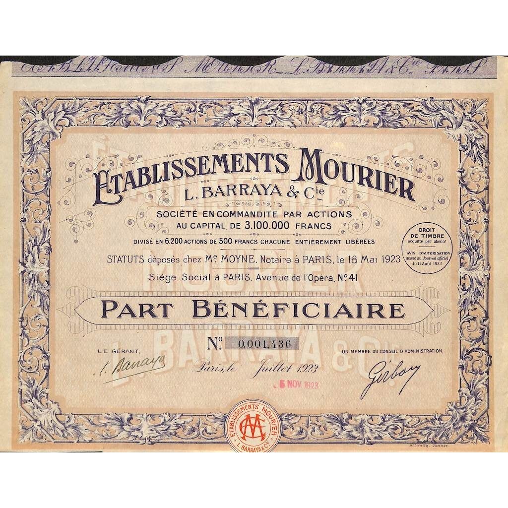 1923 - ETABLISSEMENTS MOURIER - L. BARRAYA E C. (CAP. SOC. 3.100.000 FR.)
