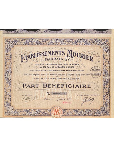 1923 - ETABLISSEMENTS MOURIER - L. BARRAYA E C. (CAP. SOC. 3.100.000 FR.)