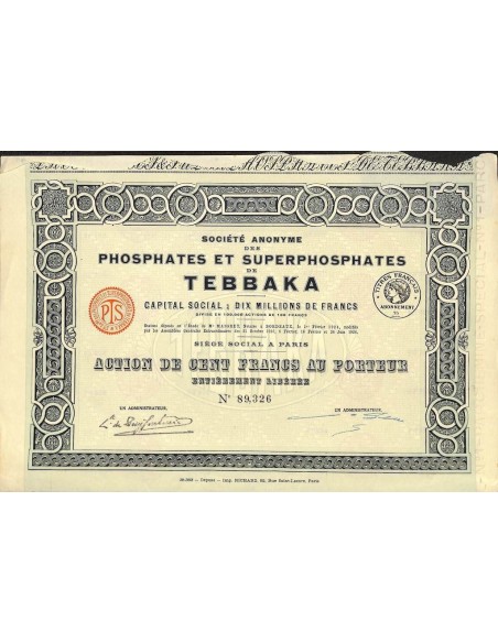 1926 - PHOSPHATES ET SUPERPHOSPHATES DE TEBBAKA SOC. ANON. DES