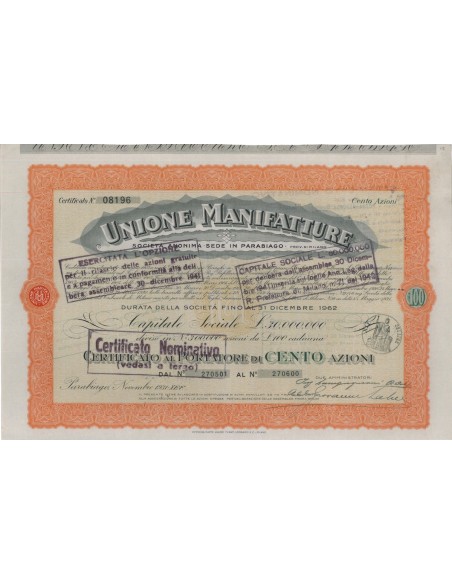 UNIONE MANIFATTURE SOC. ANONIMA - 100 AZIONI PARABIAGO 1931