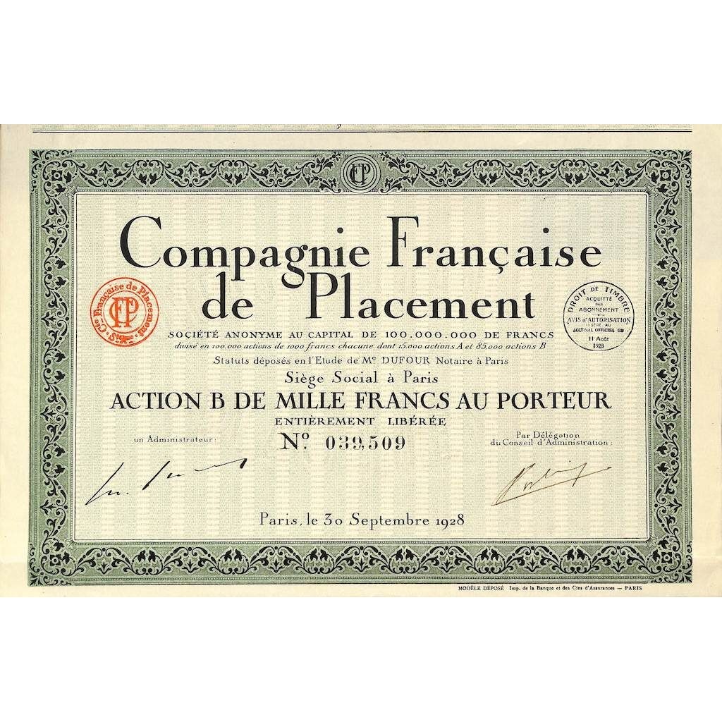 1928 - COMPAGNIE FRANCAISE DE PLACEMENT