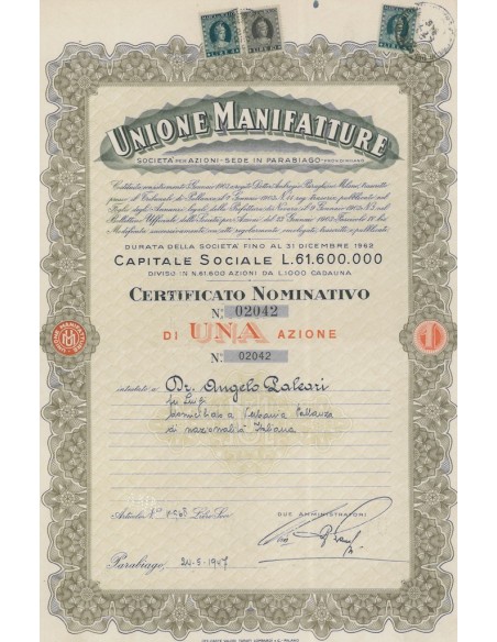 UNIONE MANIFATTURE SOC. PER AZIONI - 1 AZIONE PARABIAGO 1947