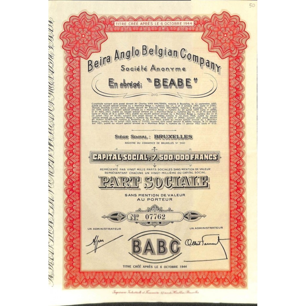 1952 - BEIRA ANGLO BELGIAN COMPANY (BEABE)