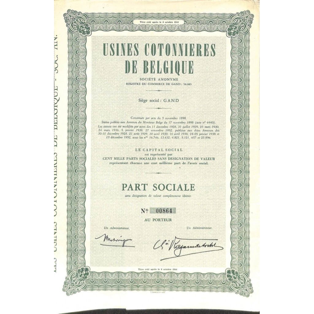 1952 - USINES COTONNIERES DE BELGIQUE