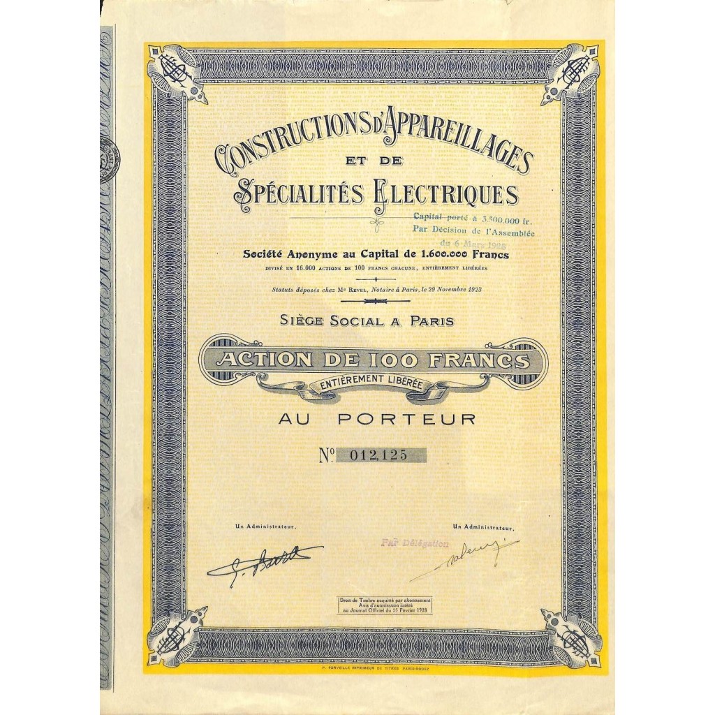 1928 - CONSTRUCTIONS D'APPAREILLAGES ET DE SPECIALITES ELECTRIQUES