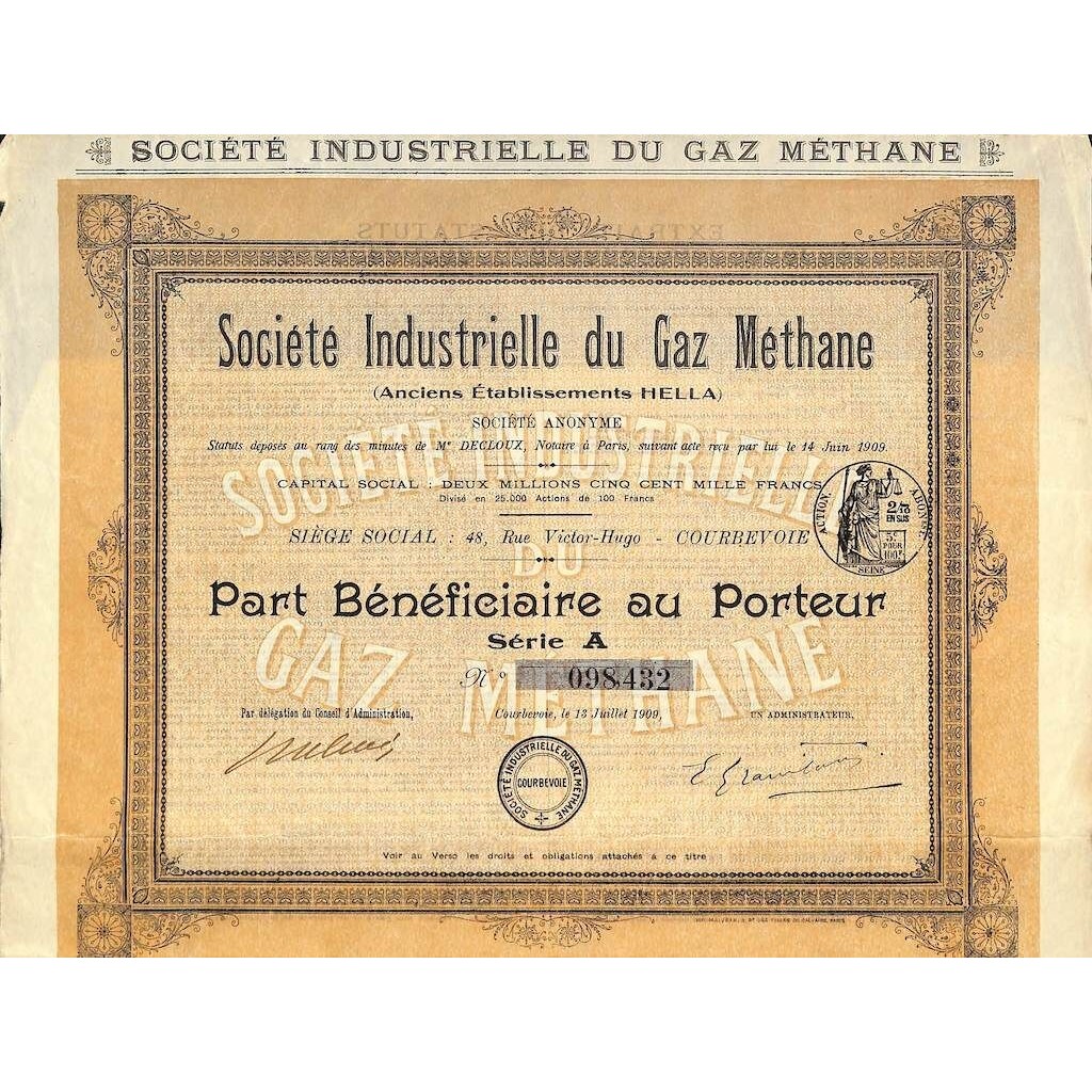 1909 - INDUSTRIELLE DU GAZ METHANE SOC.