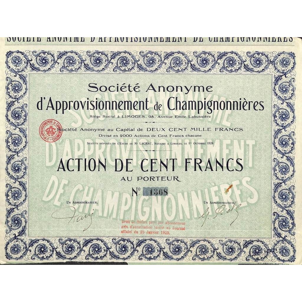 1929 - APPROVISIONNEMENT DE CHAMPIGNONNIERES...