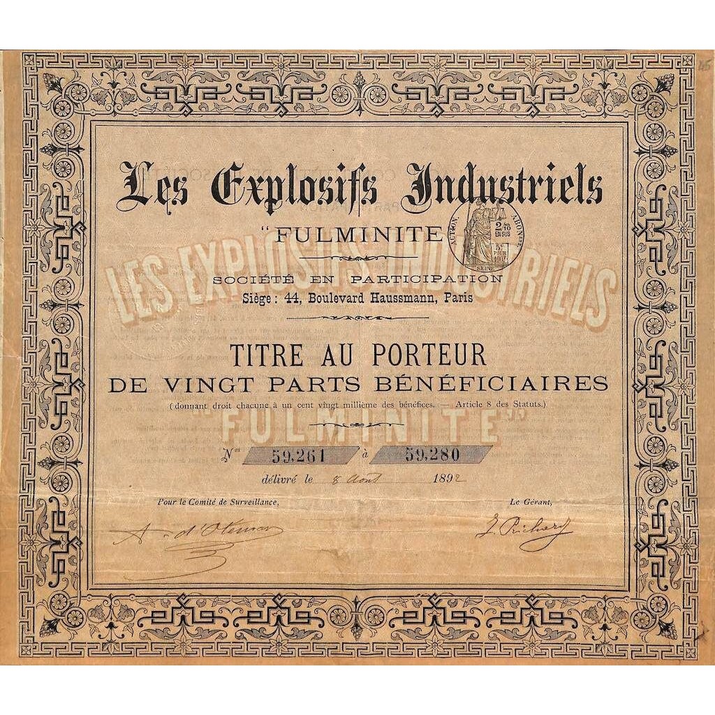 1892 - LES EXPLOSIFS INDUSTRIELS FULMINITE