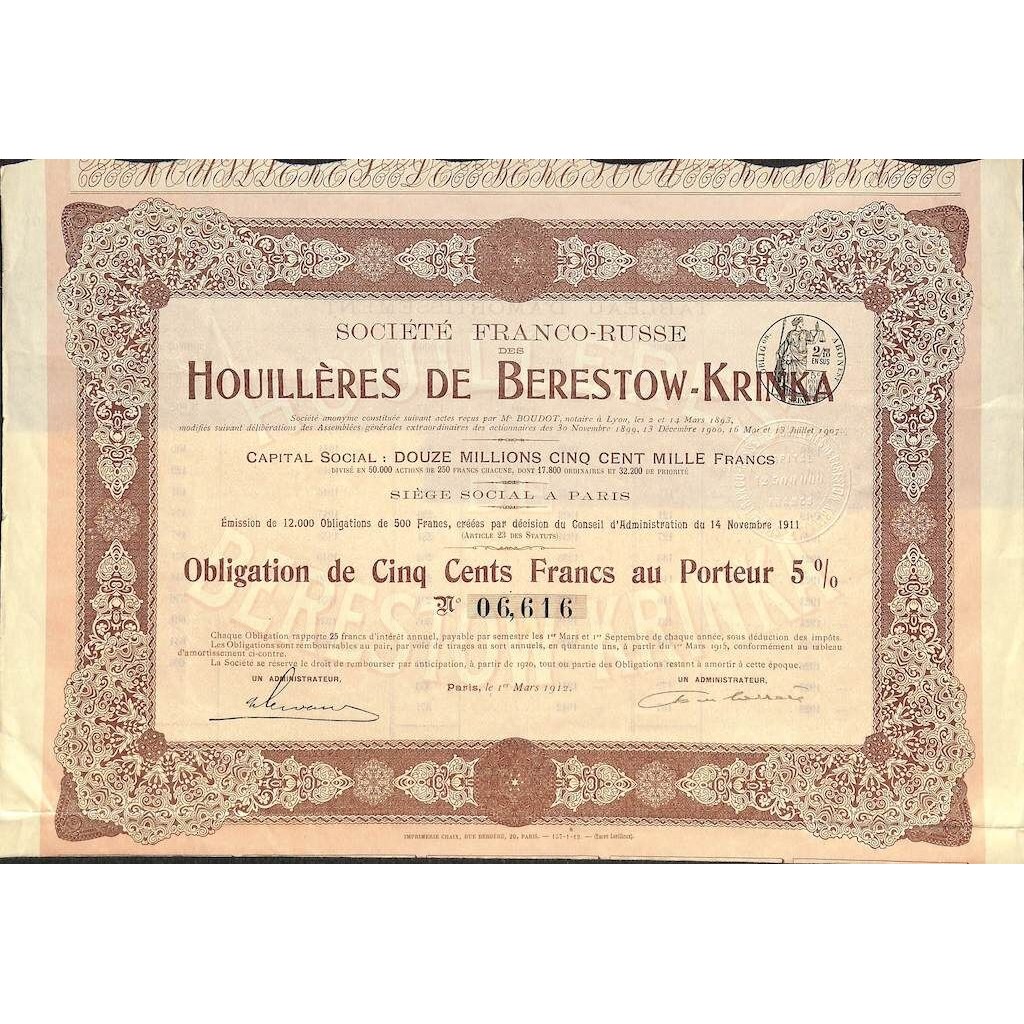 1912 - HOUILLERES DE BERESTOW-KRINKA