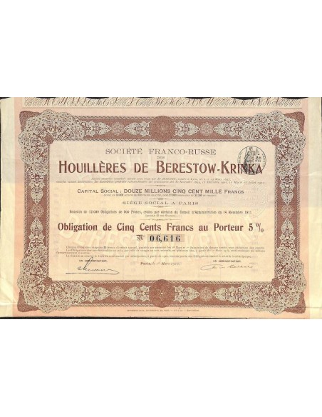 1912 - HOUILLERES DE BERESTOW-KRINKA